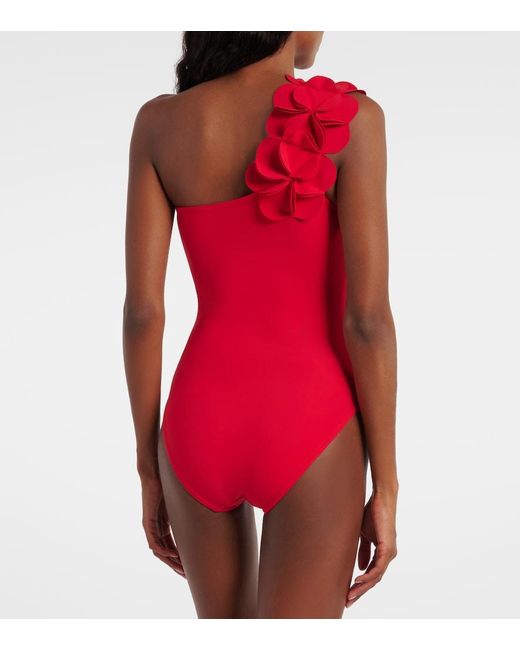 Karla Colletto Red Tess Floral-Applique One-Shoulder Swimsuit