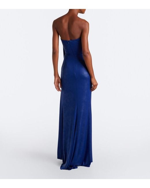 Elie Saab Blue Draped Coated Jersey Bustier Gown