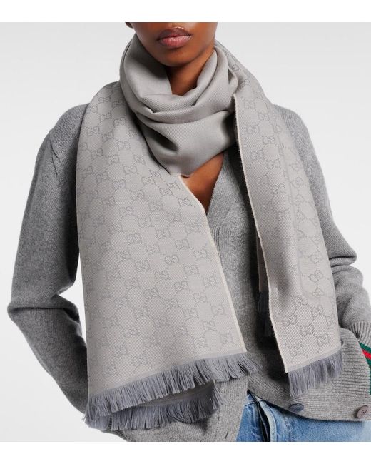 Gucci Gray Gg Jacquard Wool Scarf