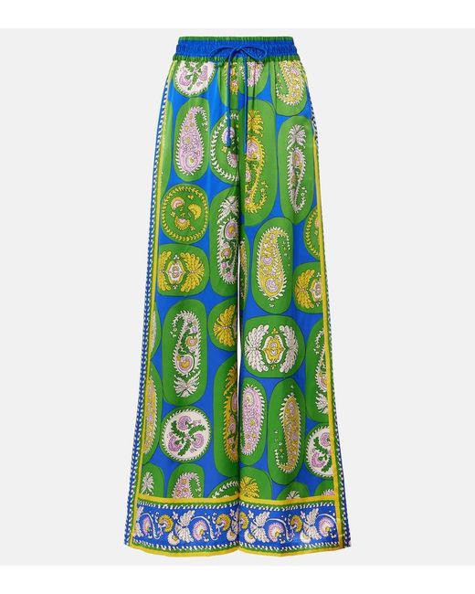 ALÉMAIS Green Printed Silk Satin Wide-Leg Pants