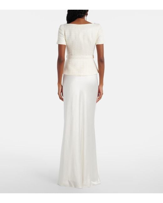 Self-Portrait White Bridal Peplum Satin And Boucle Maxi Dress