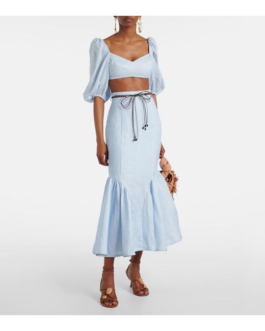 Zimmermann Blue Rhiannon Linen Midi Skirt