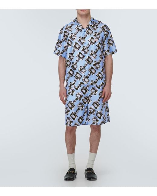 Gucci Blue Horsebit Printed Silk Bowling Shirt for men