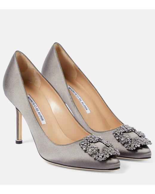 Manolo Blahnik White Hangisi 90 Embellished Satin Pumps