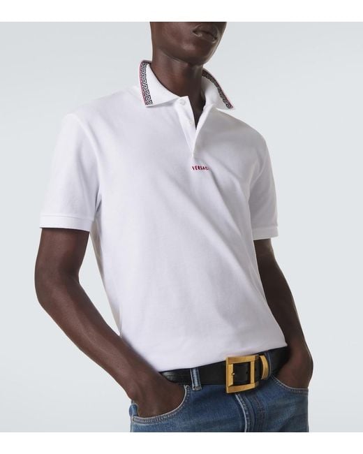 Versace White Greca Cotton Pique Polo Shirt for men