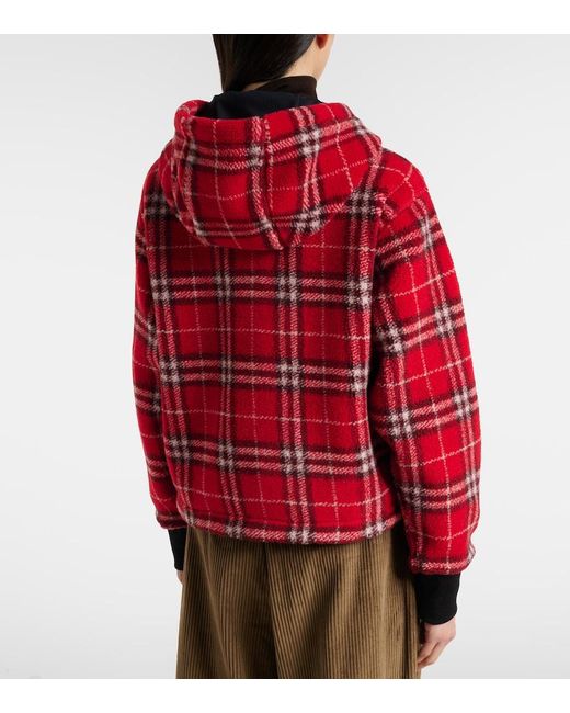 Burberry Red Cropped Check Fleece Hooded Jacket
