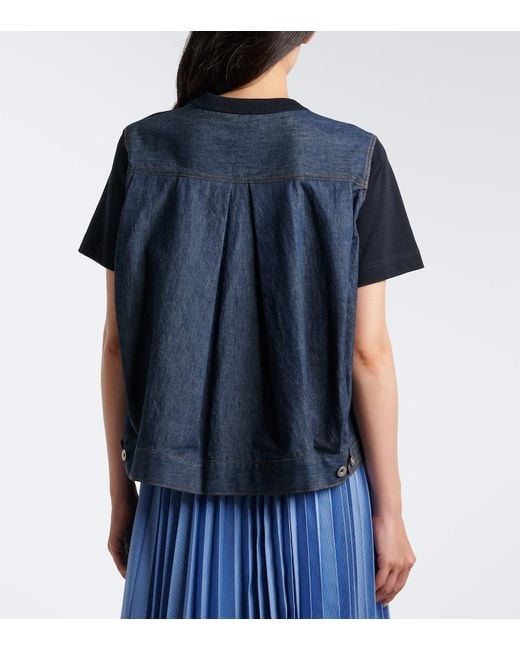 Sacai Black Cotton Jersey And Denim T-Shirt