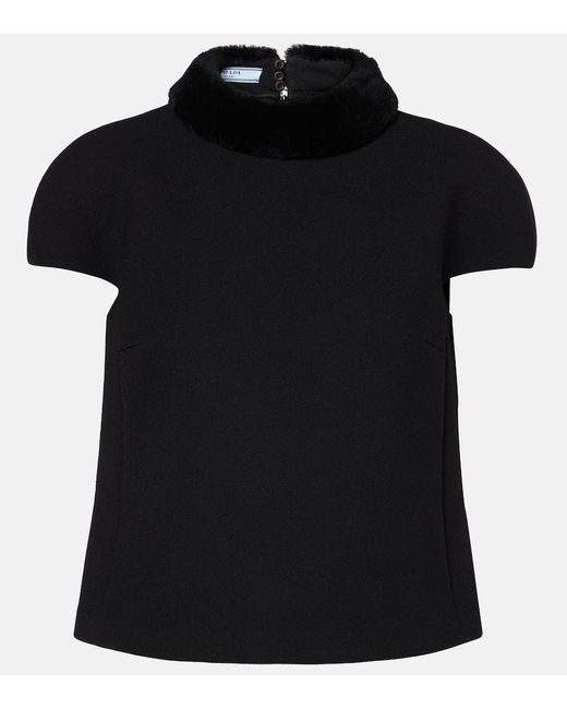 Prada Black Shearling-Trimmed Wool Top