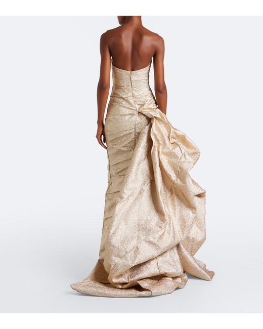 Marmar Halim Natural Draped Pleated Brocade Bustier Gown