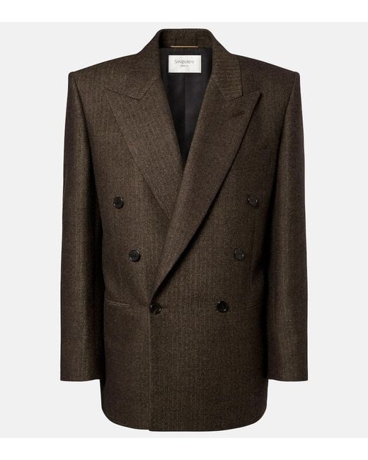 Saint Laurent Black Herringbone Double-Breasted Wool Blazer