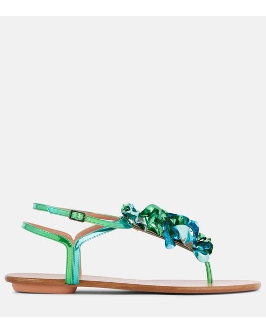 Aquazzura Blue Summer Sun Metallic Leather Thong Sandals