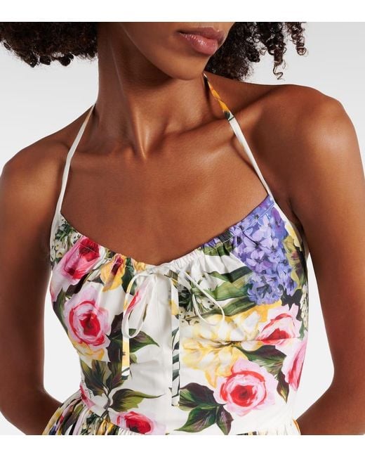 Robe Midi Dos Nu En Popeline De Coton À Imprimé Fleuri Et À Fronces Dolce & Gabbana en coloris White