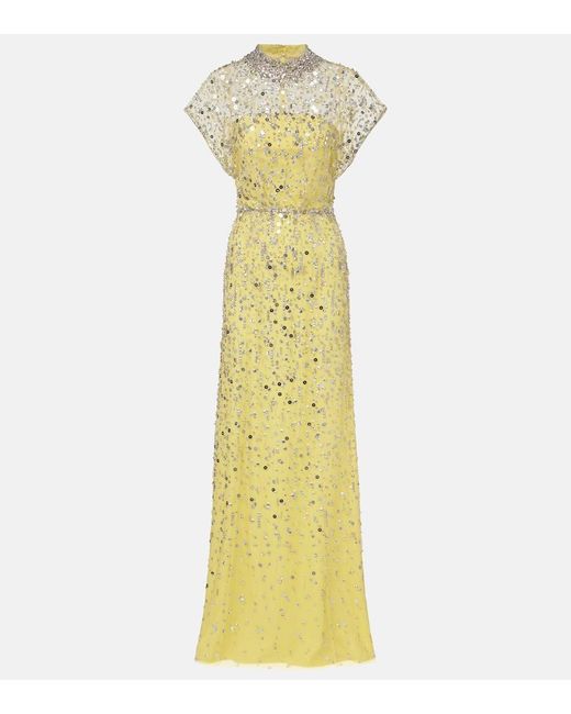 Jenny Packham Yellow Crystal Drop Beaded Gown