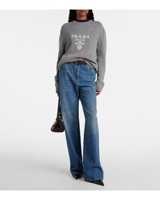 Prada Gray Logo Intarsia Wool And Cashmere Sweater