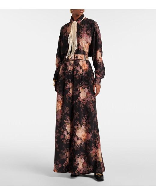 Zimmermann Black Illustration Floral-Print Silk Trousers