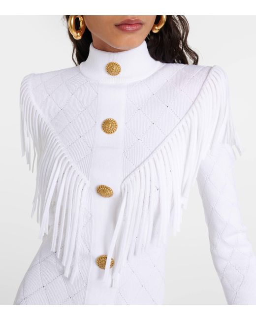 Balmain White Fringed Knit Minidress