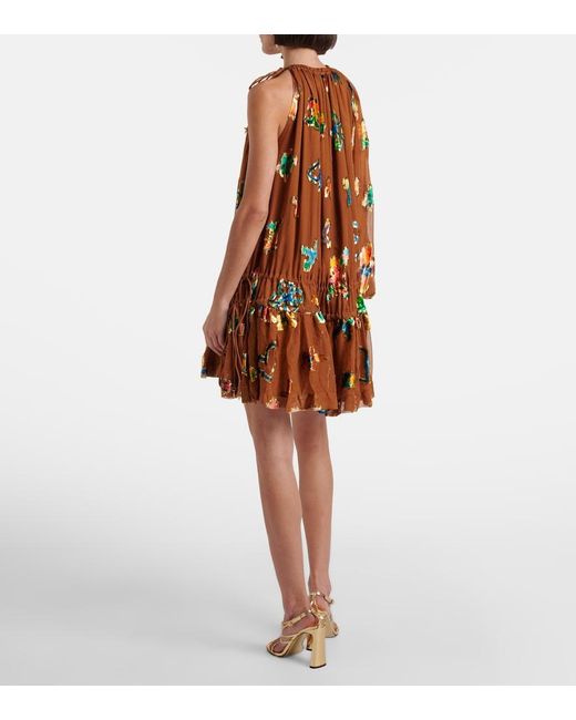 ALÉMAIS Brown Embroidered Silk-Blend Mini Dress
