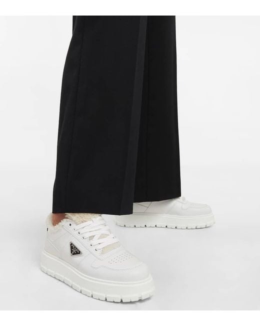 Prada White Shearling-Detail Low-Top Sneakers
