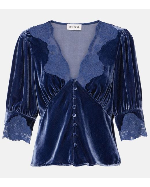 Rixo Blue Amanda Lace-Trimmed Velvet Top