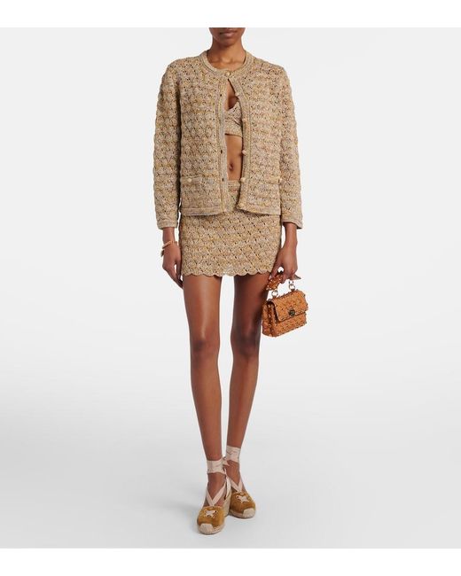 Valentino Brown Open-Knit Linen-Blend Lame Cardigan