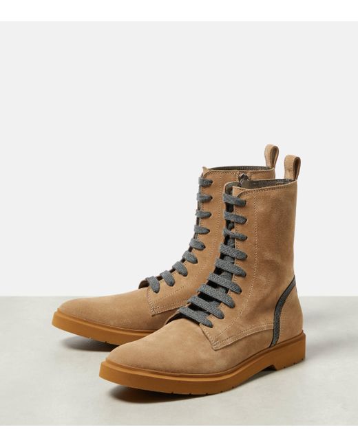 Brunello Cucinelli Brown Embellished Suede Lace-up Boots