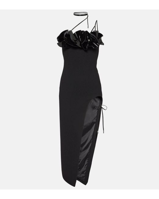 David Koma Black Floral Applique Wool Crepe Midi Dress