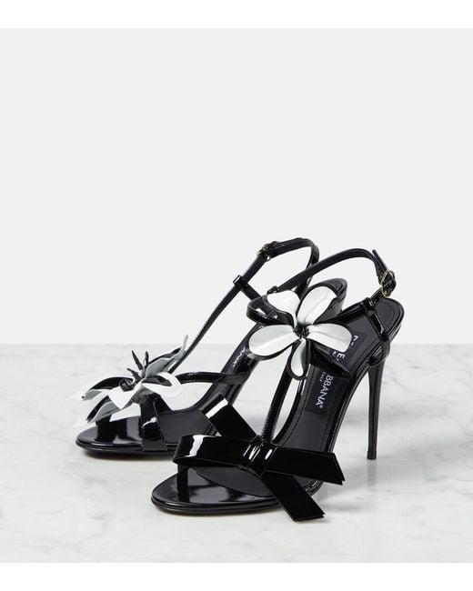 Dolce & Gabbana Black Floral-Applique Patent Leather Sandals