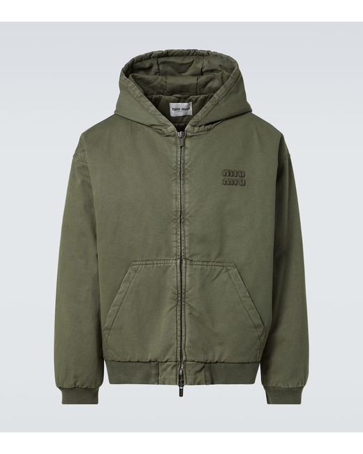 Miu Miu Green Logo Cotton Gabardine Zip-Up Hoodie for men