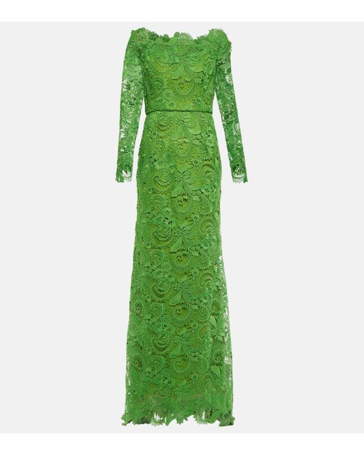 Oscar de la Renta Green Strapless Lace Gown