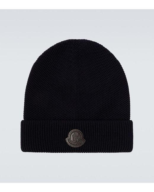 Moncler Black Logo Virgin Wool Beanie for men