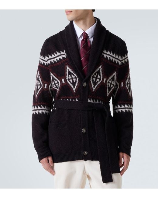 Brunello Cucinelli Black Jacquard Wool, Silk, And Cashmere Cardigan for men