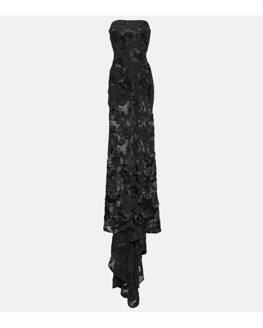 ROTATE BIRGER CHRISTENSEN Black 3d Embroidered Mesh Gown
