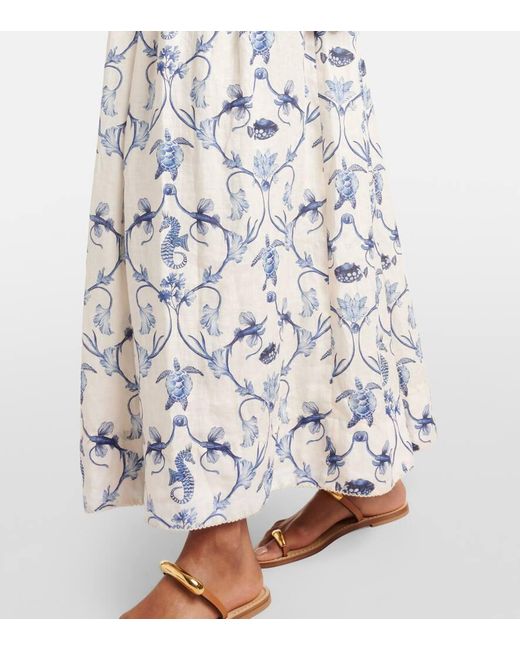 Agua Bendita White Bedruckter High-Rise-Maxirock Aus Leinen