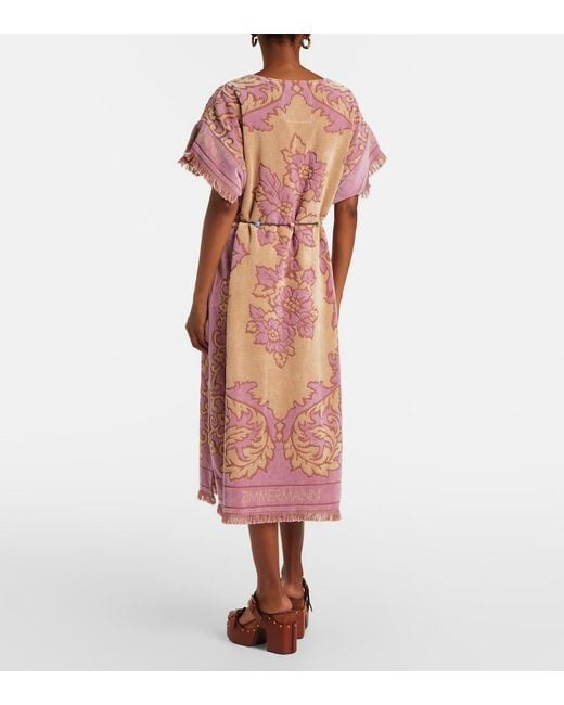 Zimmermann Pink Aster Floral Fringed Cotton Terry Midi Dress