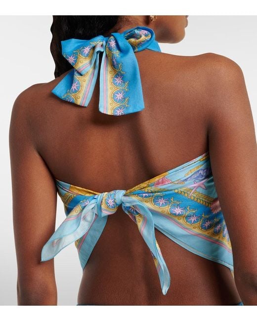Top De Algodon Y Seda Estampado Con Cuello Halter Versace de color Blue