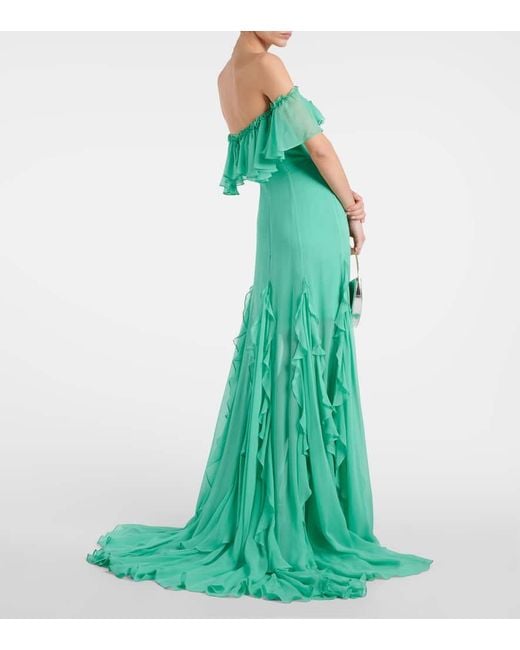 Costarellos Green Off-shoulder Corset Silk Gown