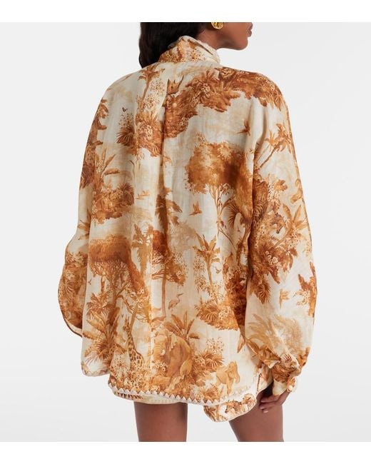 Zimmermann Brown Indra Printed Tie-Neck Ramie Blouse