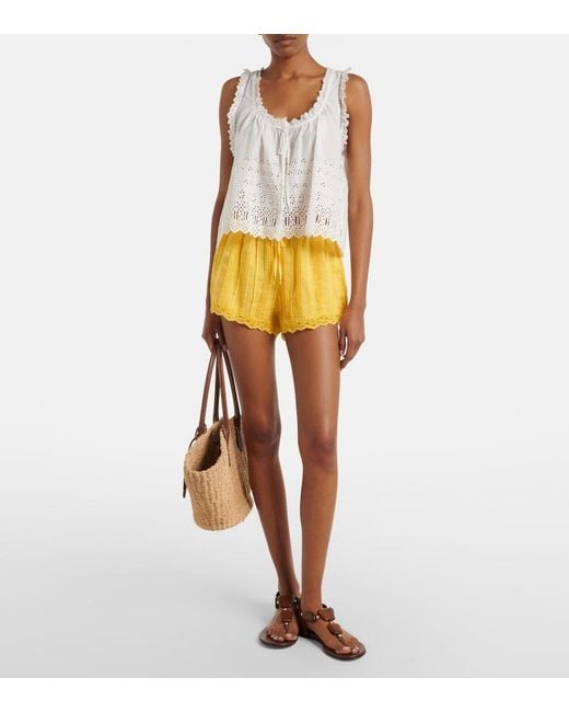 Doen Yellow Leda Lace-Trimmed Shorts