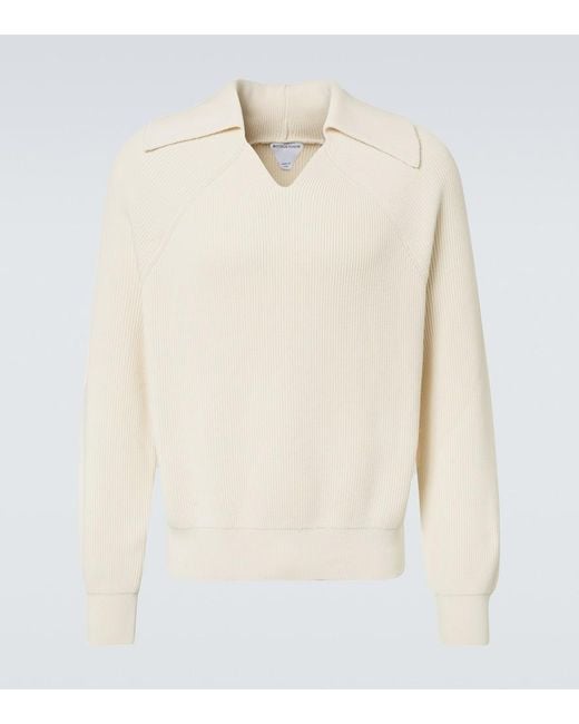 Bottega Veneta White Ribbed-Knit Cotton Polo Sweater for men