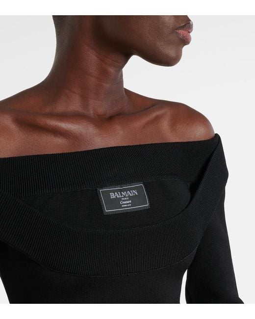 Balmain Black Ls Double Collar Knit Zipped Midi Dress