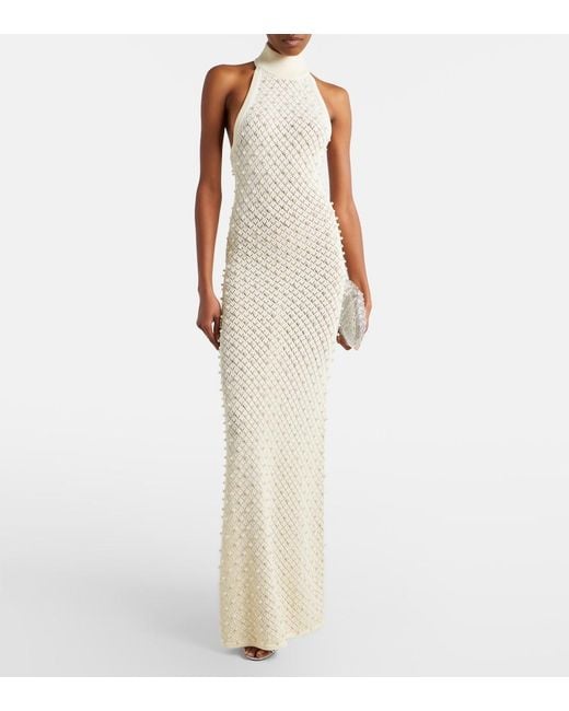 David Koma White Crochet Embellished Turtleneck Gown