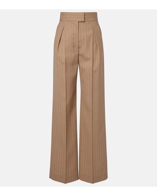 Valentino Natural Pinstripe Pleated Wool Wide-Leg Pants