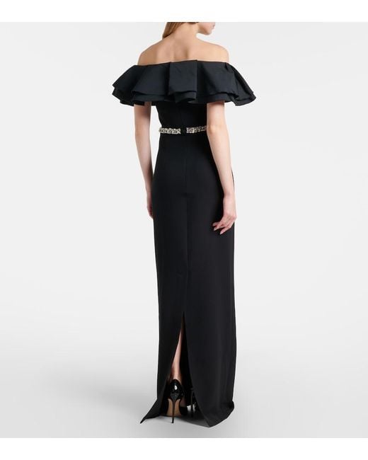 Safiyaa Black Ryan Crystal-Embellished Ruffled Crepe Gown