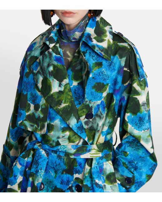 Dries Van Noten Blue Floral Cotton Trench Coat