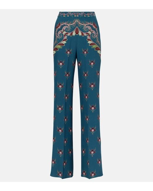Etro Blue Floral Printed Silk Flared Pants