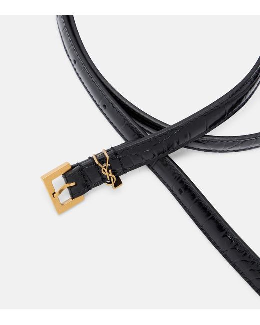 Saint Laurent Black Cassandre Croc-Effect Leather Belt