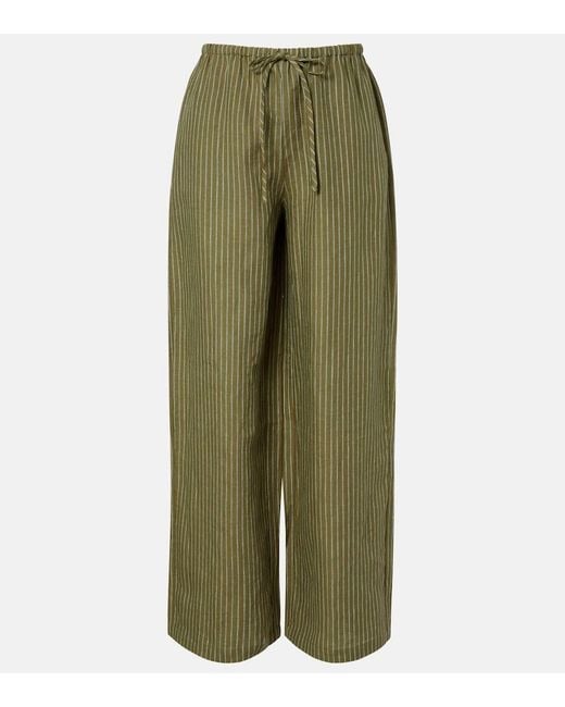 Staud Green Mateo Pinstripe Linen Wide-Leg Pants