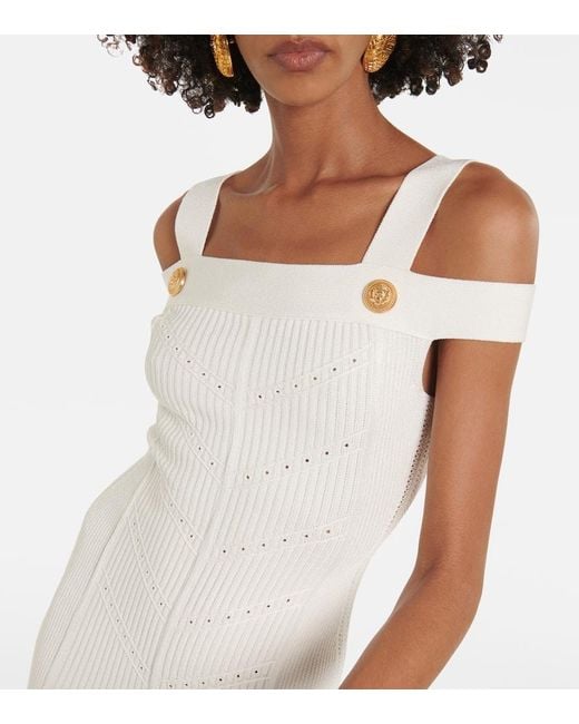 Balmain White Strickte Midi Kleid in sieben