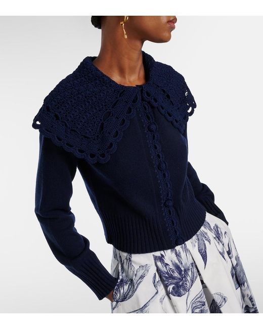 Erdem Blue Crochet-Trimmed Wool-Blend Cardigan