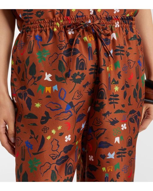 Asceno Brown Aurelia Printed Silk Twill Wide-Leg Pants